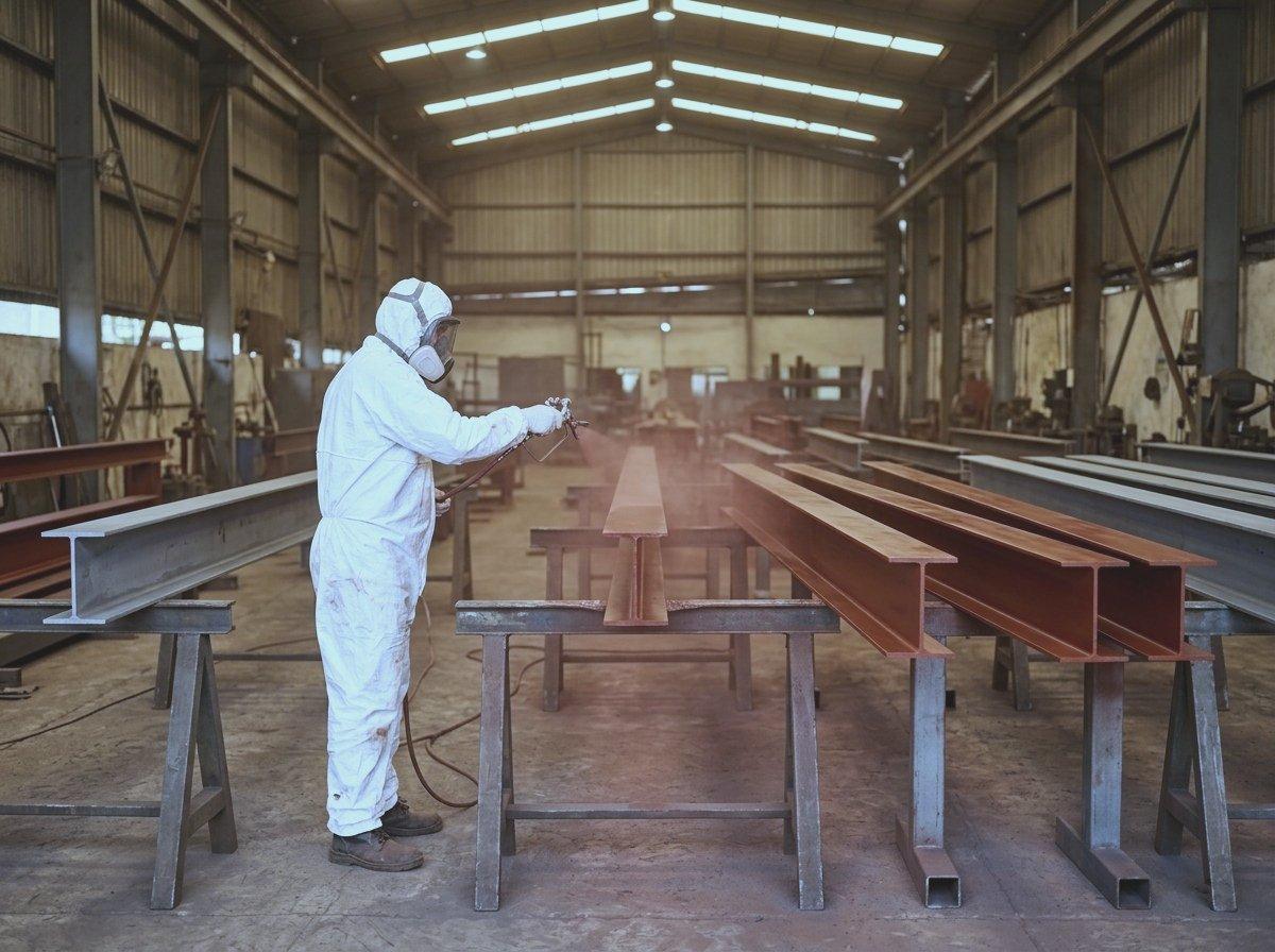 Painter in a protective suit spraying red oxide primer onto steel beams on trestles