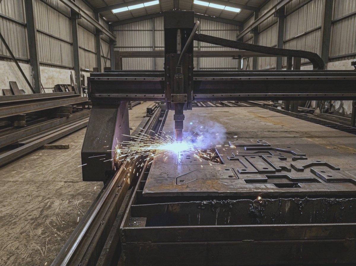CNC plasma cutter cutting parts from a thick steel plate, with sparks at the torch