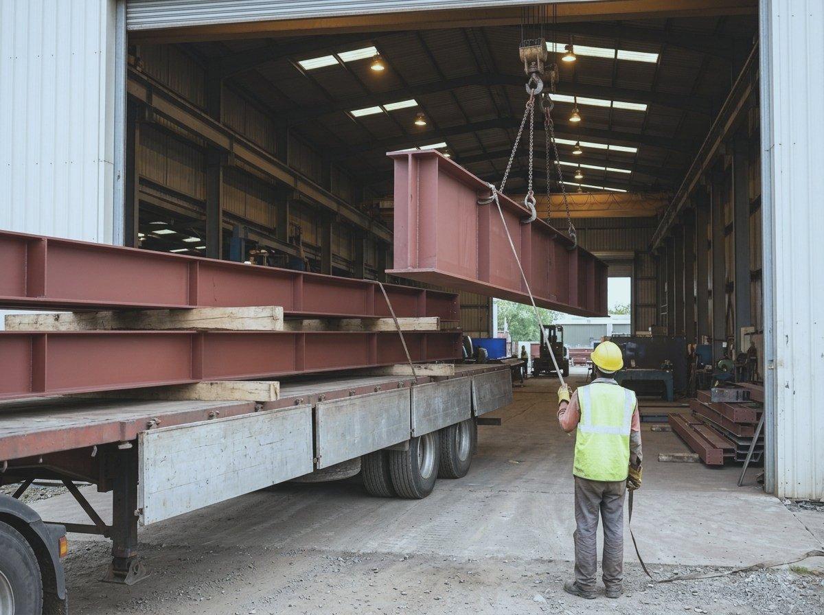 Primed steel girder lowered by crane onto a flatbed trailer at the shop doors, guided by a worker with a tag line