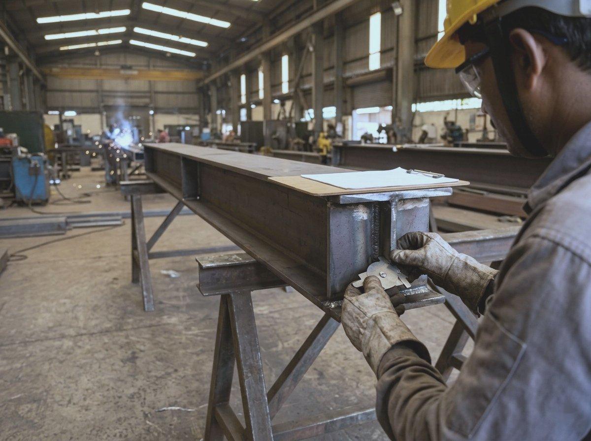 Inspector checking a weld on a steel girder with a weld gauge