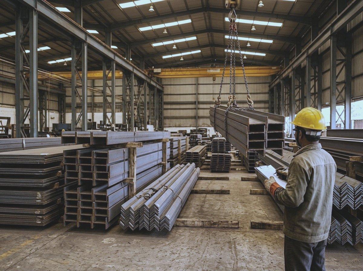 Bundle of steel channels lifted by an overhead crane in a steel storage bay, with a storeman checking sections against a clipboard