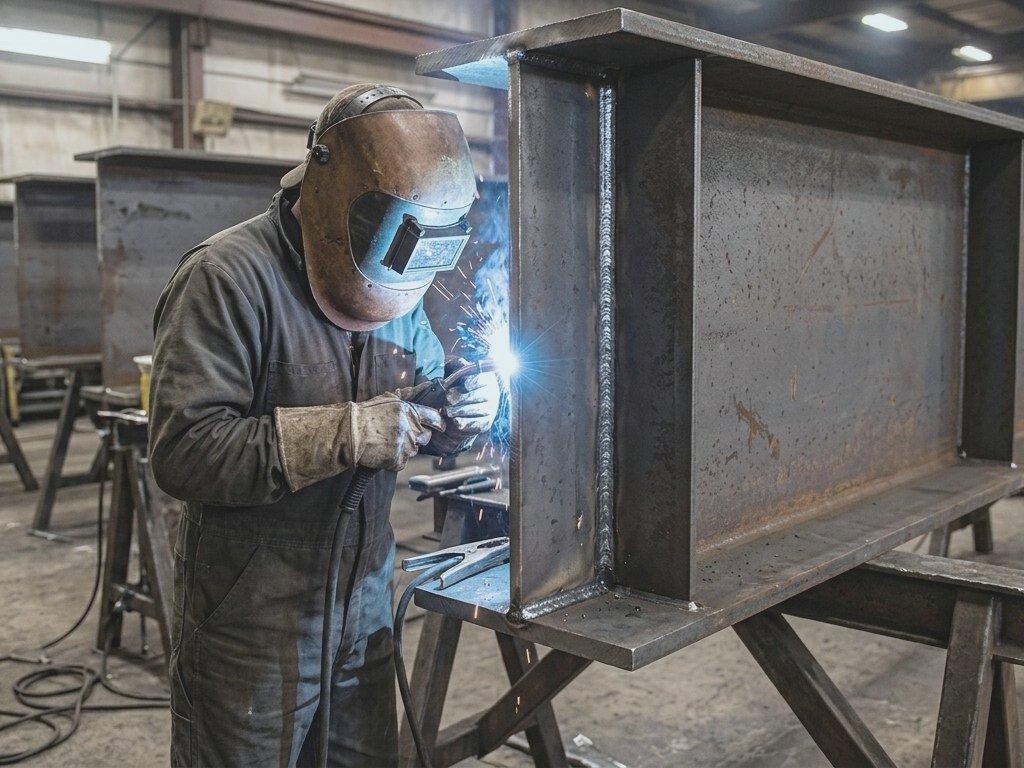 Welder in a welding helmet welding a stiffener onto a steel plate girder on trestles